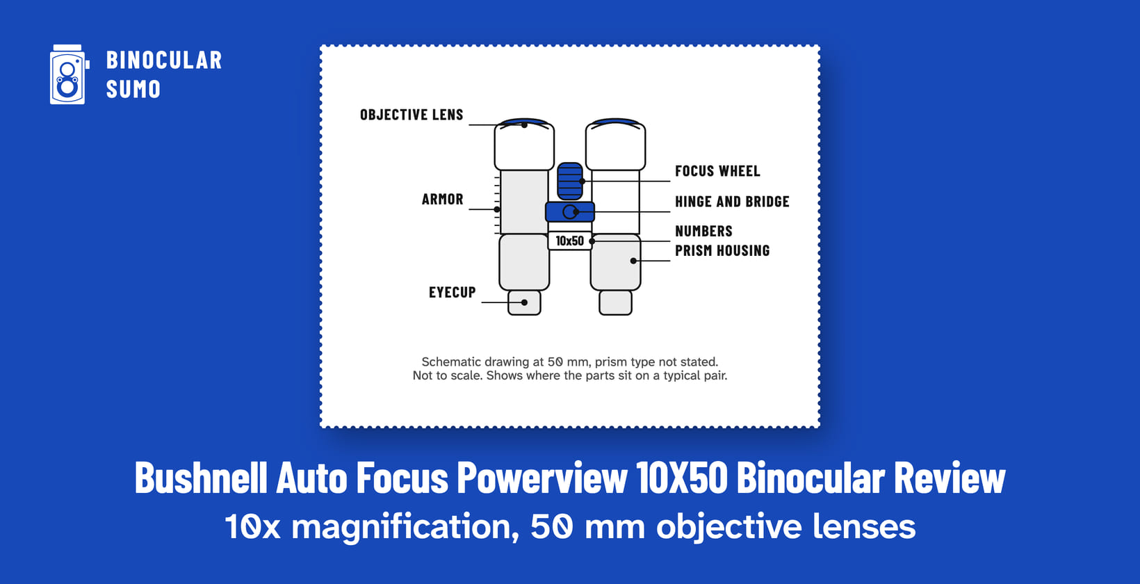 Bushnell Auto Focus Powerview 10X50 Binocular Review: 10x magnification, 50 mm objective lenses. Drawing of a binocular scaled to its 50 mm objective, with its parts named. Drawn by BinocularSumo for this page. Bushnell Auto Focus Powerview 10X50 Binocular Review: 10x magnification, 50 mm objective lenses. Drawing of a binocular scaled to its 50 mm objective, with its parts named.