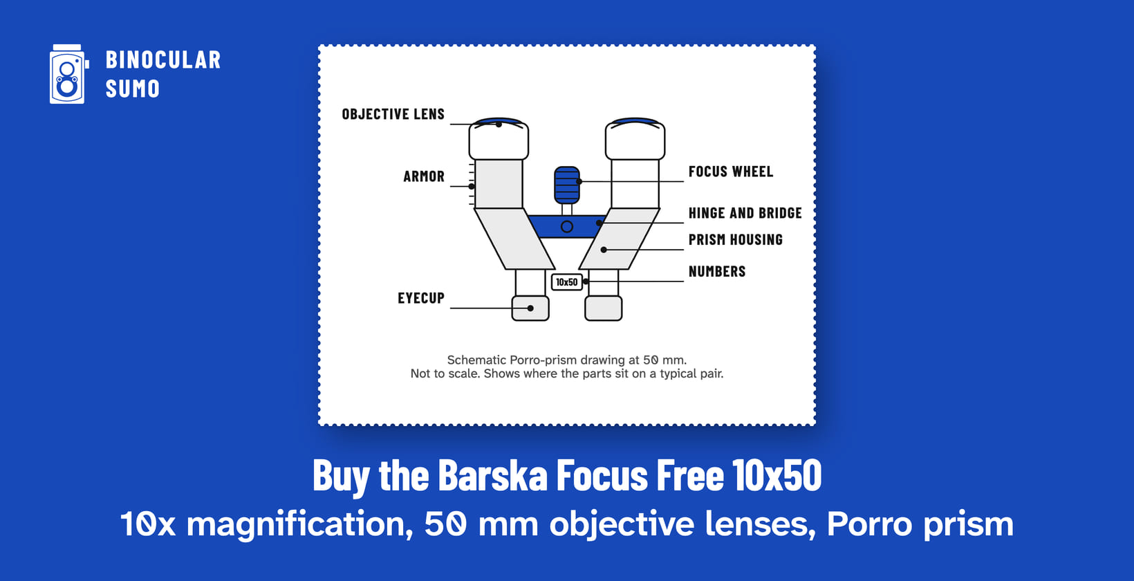 Buy the Barska Focus Free 10x50: 10x magnification, 50 mm objective lenses, Porro prism. Drawing of a Porro-prism binocular scaled to its 50 mm objective, with its parts named.
