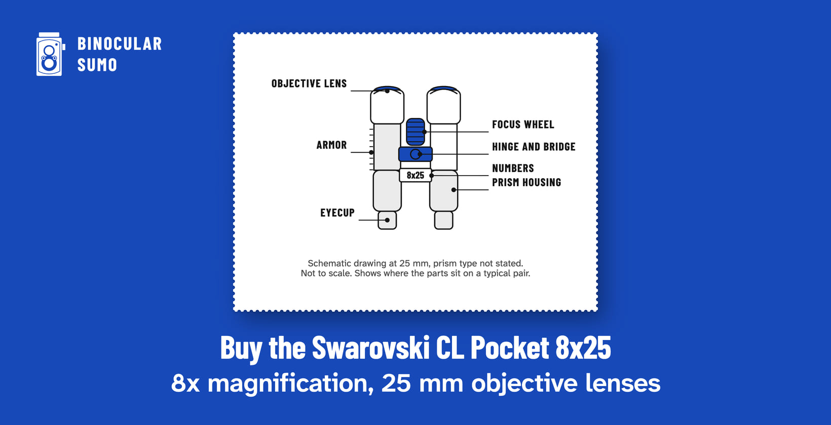 Buy the Swarovski CL Pocket 8x25: 8x magnification, 25 mm objective lenses. Drawing of a binocular scaled to its 25 mm objective, with its parts named.
