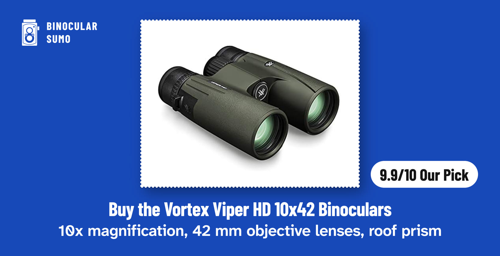 Buy the Vortex Viper HD 10x42 Binoculars: 10x magnification, 42 mm objective lenses, roof prism. Product photo from the product listing, beside a badge reading 9.9/10 Our Pick.
