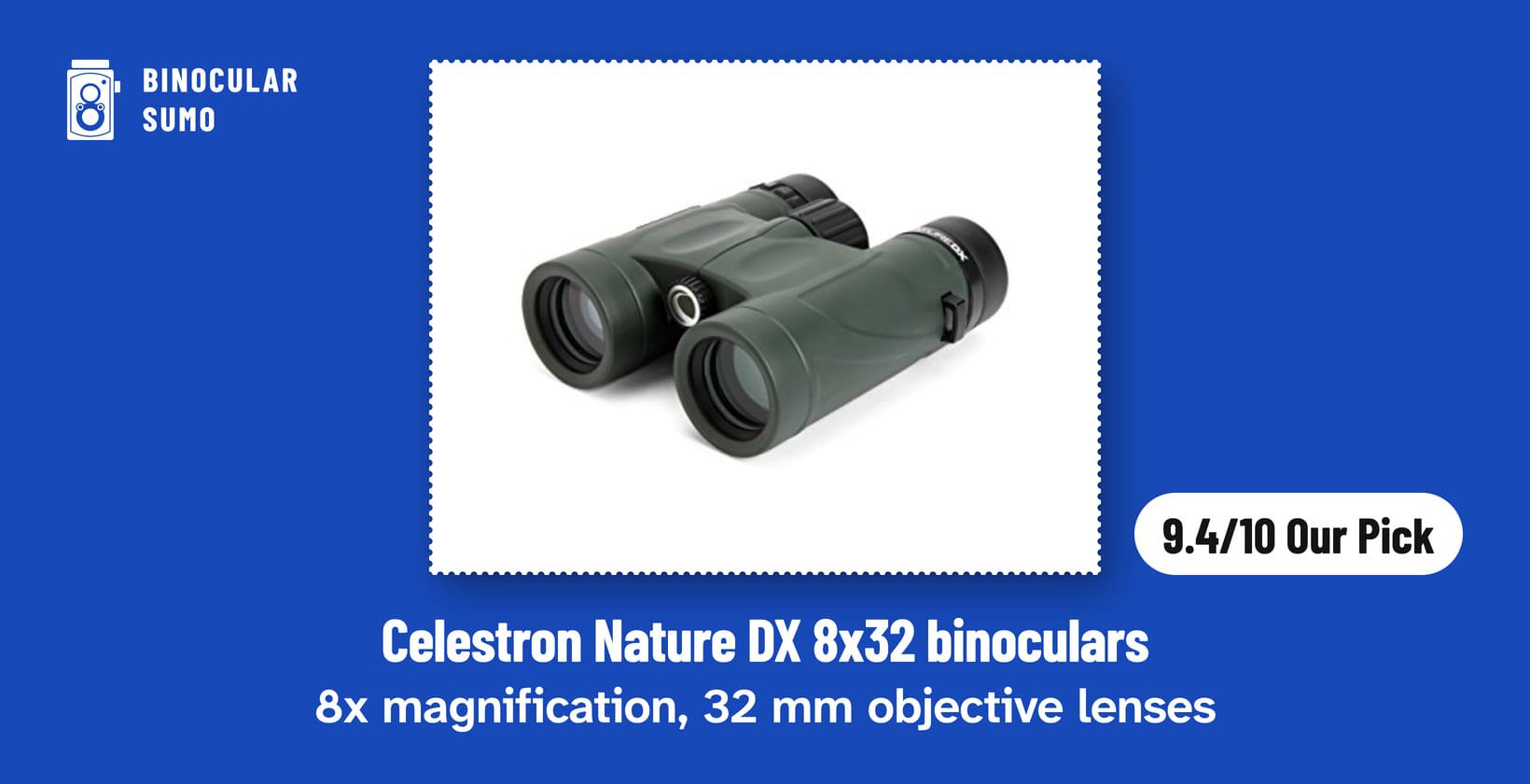 Celestron Nature DX 8x32 binoculars: 8x magnification, 32 mm objective lenses. Product photo from the product listing, beside a badge reading 9.4/10 Our Pick.