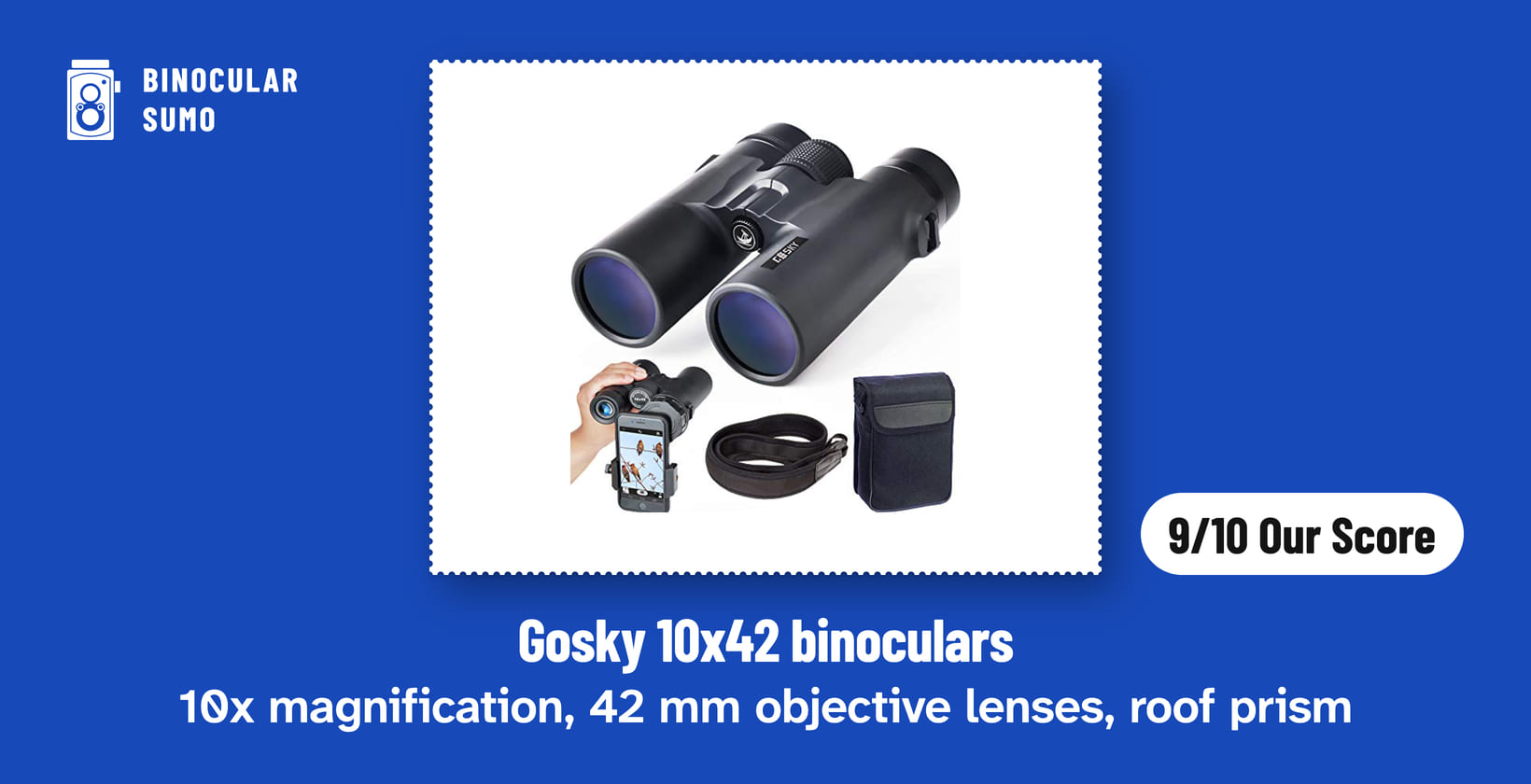 Gosky 10x42 binoculars: 10x magnification, 42 mm objective lenses, roof prism. Product photo from the product listing, beside a badge reading 9/10 Our Score.
