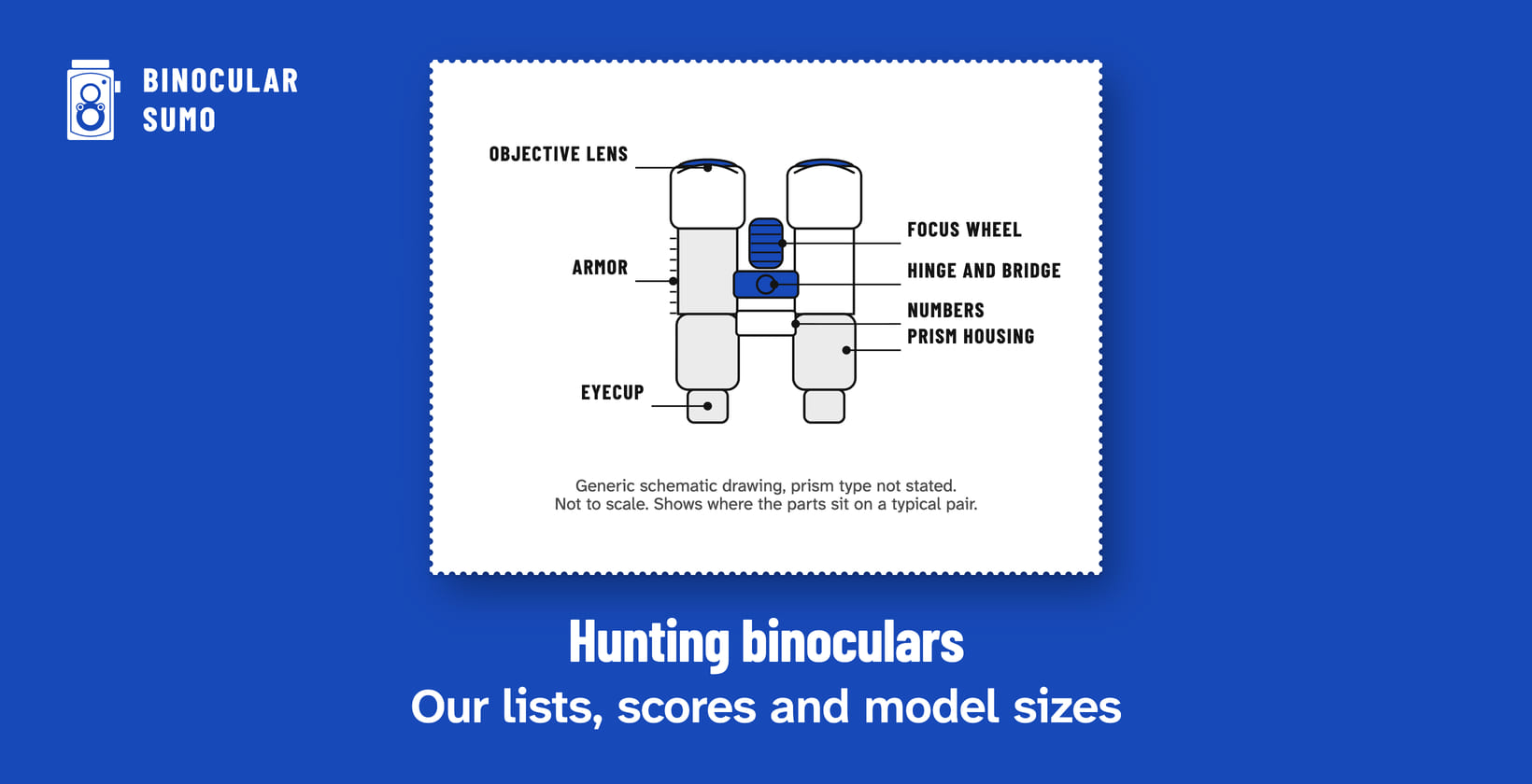 Hunting binoculars: Our lists, scores and model sizes. Drawing of a binocular with its parts named.