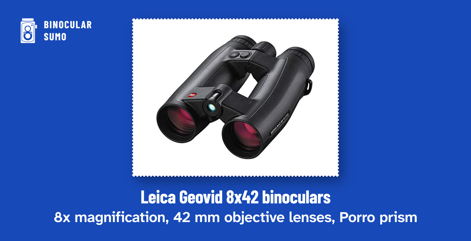 Leica Geovid 8x42 binoculars: 8x magnification, 42 mm objective lenses, Porro prism. Product photo from the product listing.