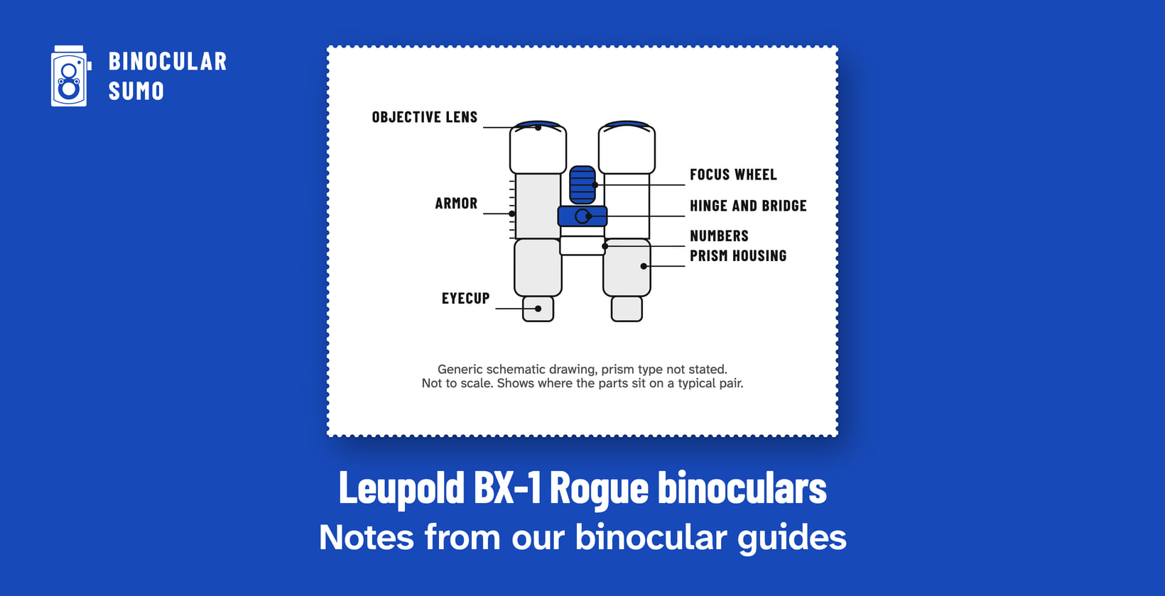 Leupold BX-1 Rogue binoculars: Notes from our binocular guides. Drawing of a binocular with its parts named.