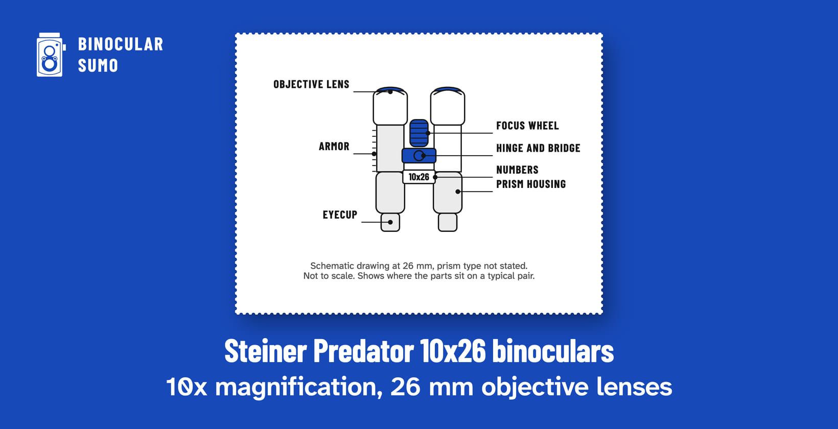 Steiner Predator 10x26 binoculars: 10x magnification, 26 mm objective lenses. Drawing of a binocular scaled to its 26 mm objective, with its parts named.