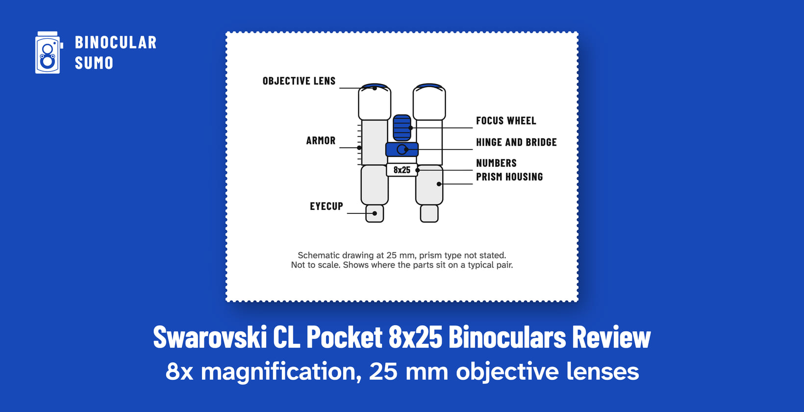 Swarovski CL Pocket 8x25 Binoculars Review: 8x magnification, 25 mm objective lenses. Drawing of a binocular scaled to its 25 mm objective, with its parts named.