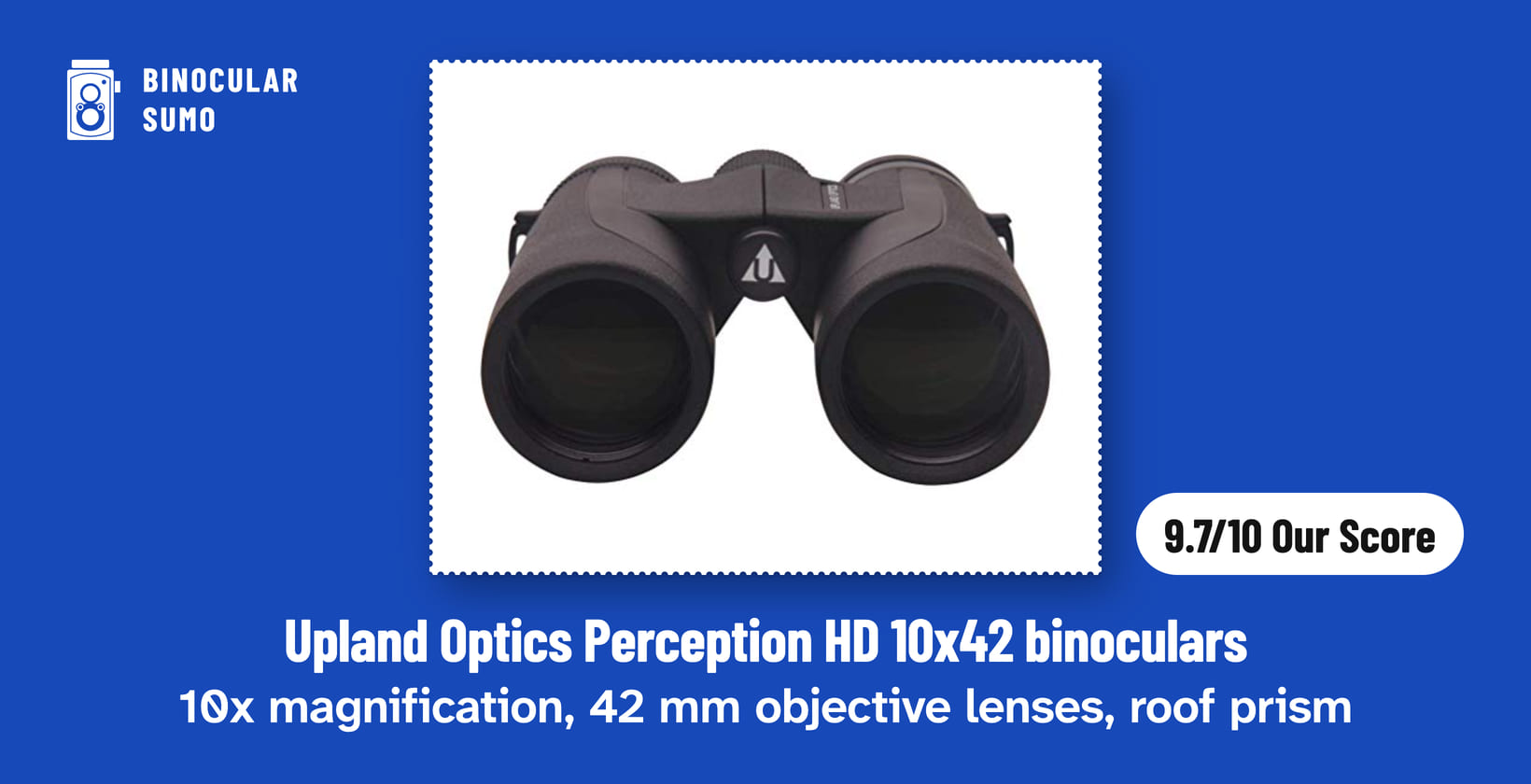 Upland Optics Perception HD 10x42 binoculars: 10x magnification, 42 mm objective lenses, roof prism. Product photo from the product listing, beside a badge reading 9.7/10 Our Score.