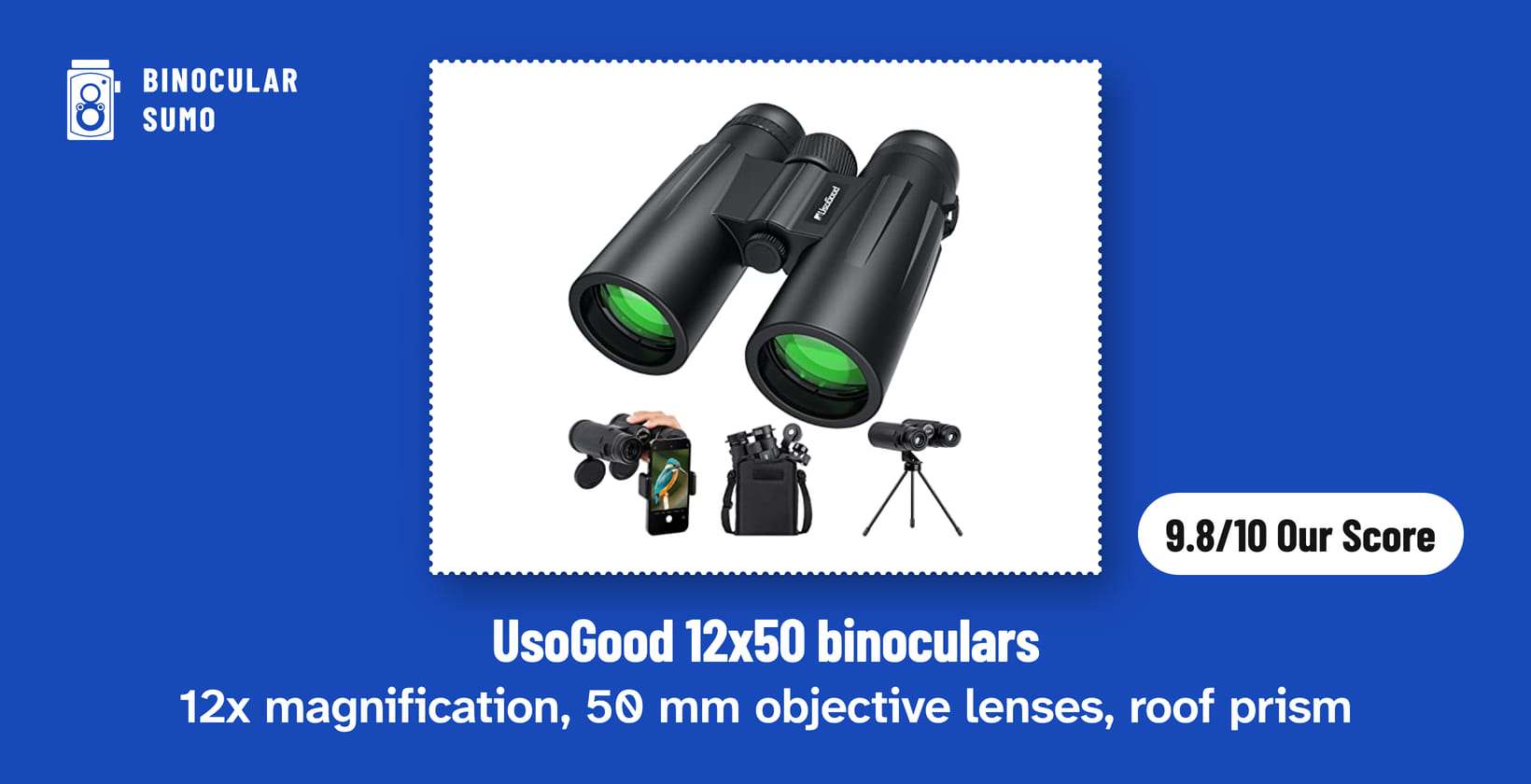 UsoGood 12x50 binoculars: 12x magnification, 50 mm objective lenses, roof prism. Product photo from the product listing, beside a badge reading 9.8/10 Our Score.