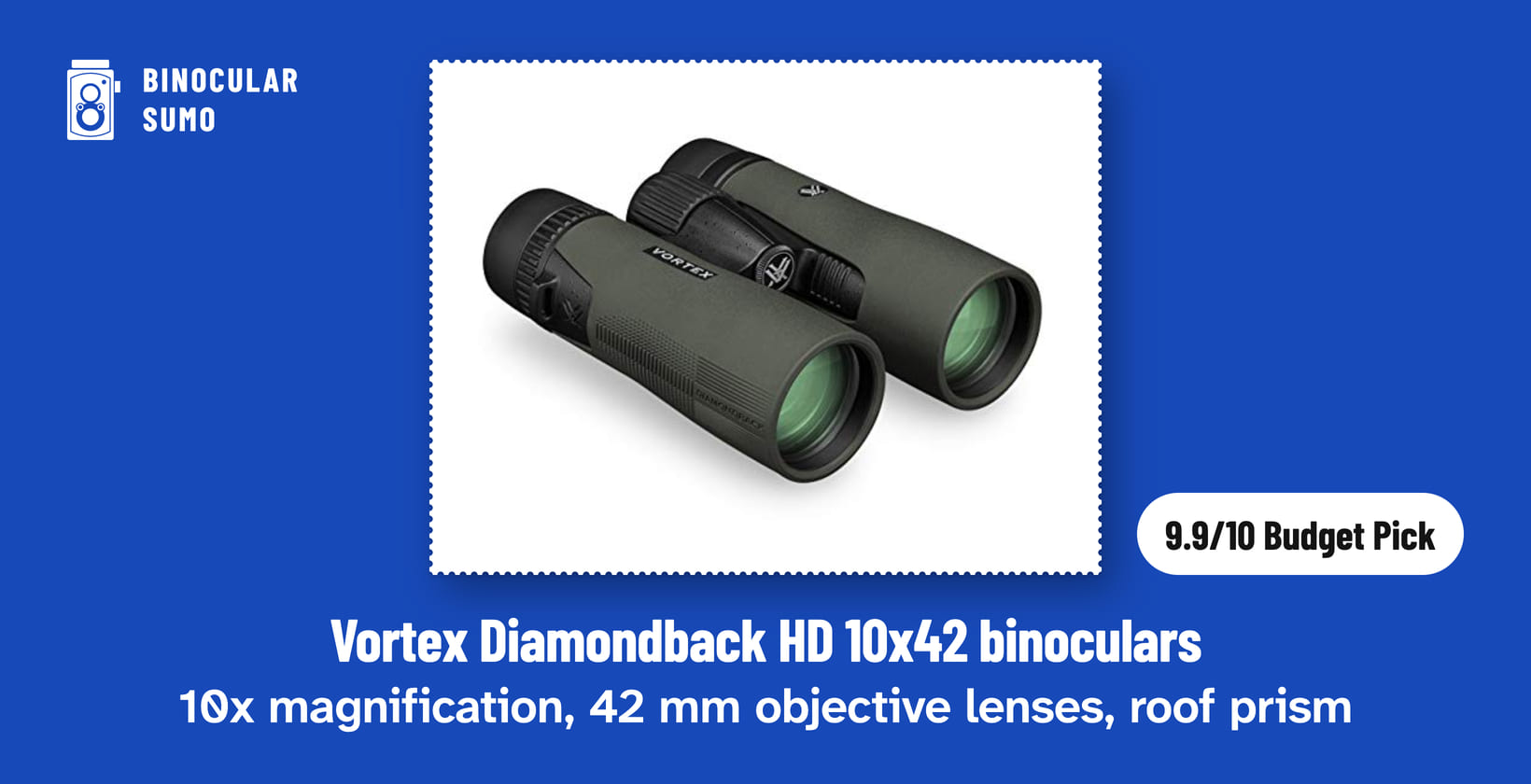 Vortex Diamondback HD 10x42 binoculars: 10x magnification, 42 mm objective lenses, roof prism. Product photo from the product listing, beside a badge reading 9.9/10 Budget Pick.