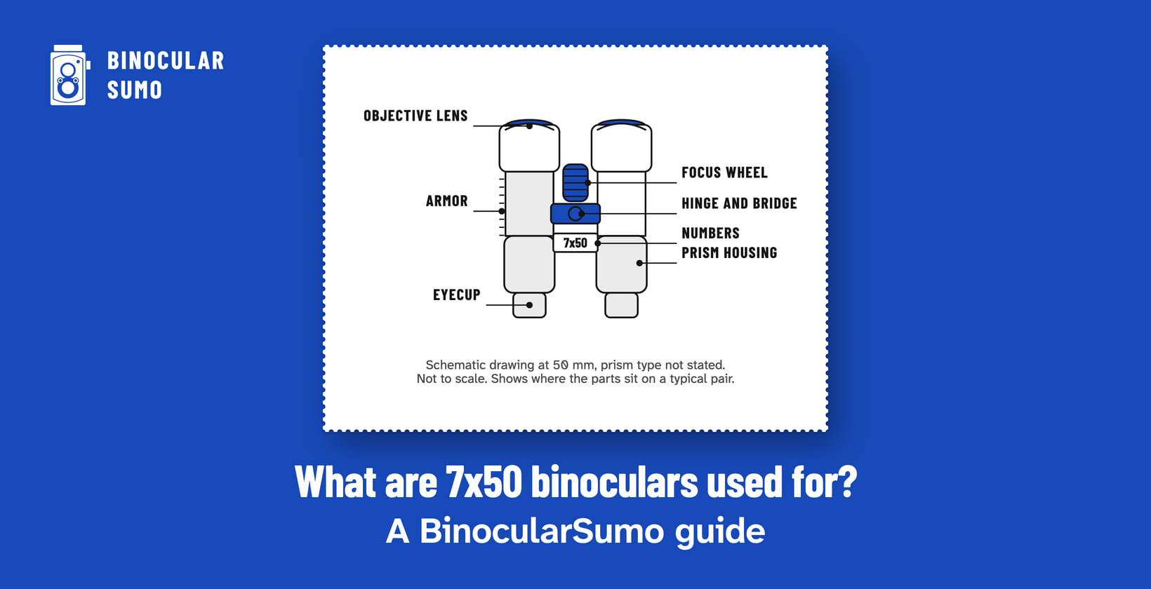 What are 7x50 binoculars used for? A BinocularSumo guide. Drawing of a binocular engraved 7x50, with its parts named. Drawn by BinocularSumo for this page. What are 7x50 binoculars used for? A BinocularSumo guide. Drawing of a binocular engraved 7x50, with its parts named.