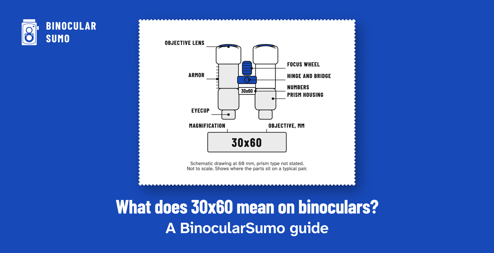 What does 30x60 mean on binoculars? A BinocularSumo guide. Drawing of a binocular with the numbers on its plate called out, engraved 30x60.